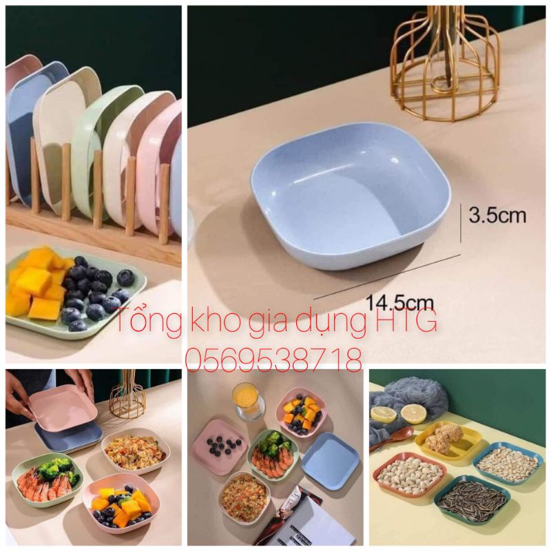 Sét 08 chiếc đĩa vuông lúa mạch 4 đĩa nông lòng 1,7cm*14,8cm 4 đĩa sâu lòng 3,5cm*14,5cm thoả sức bày biện các món.