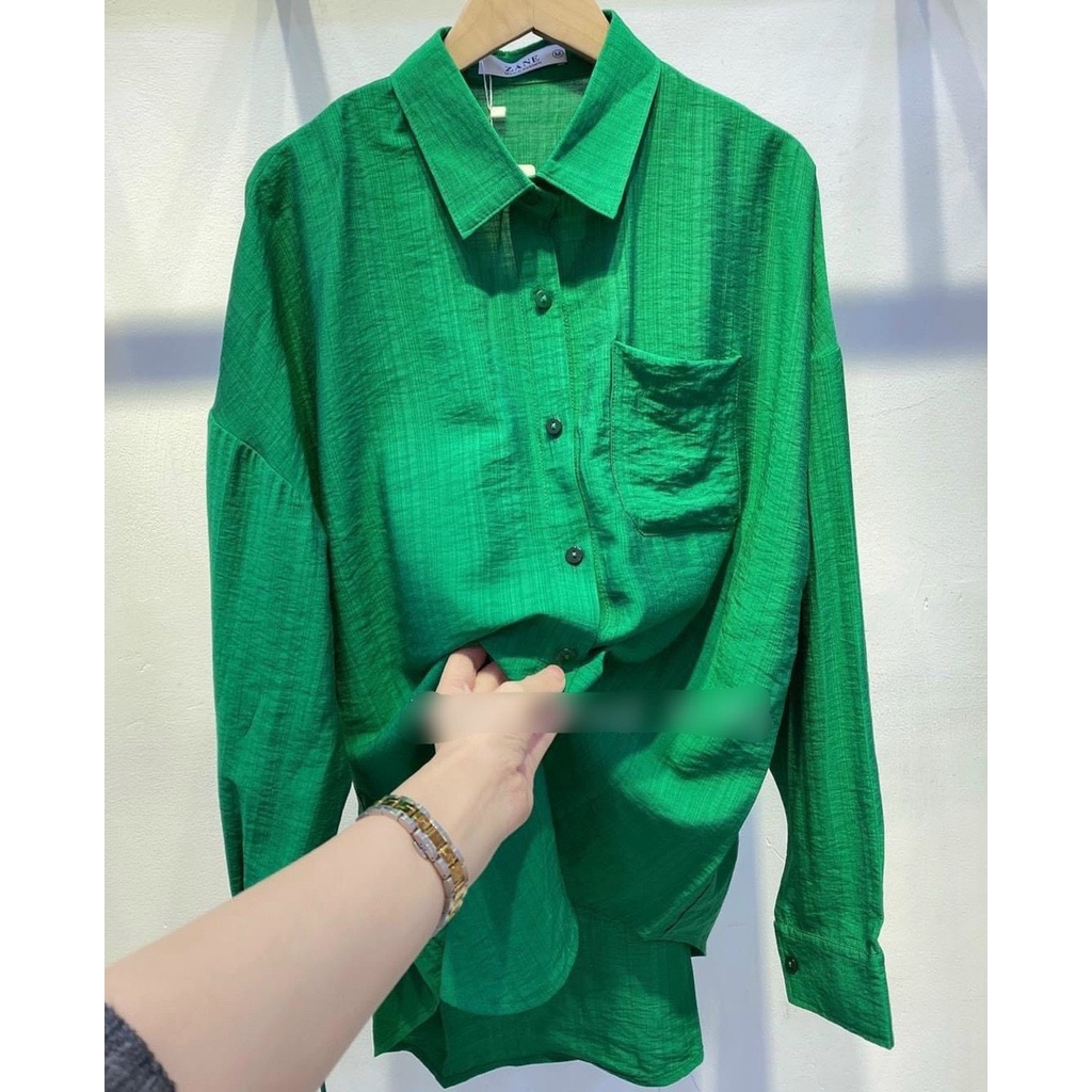 Áo sơ mi 3 màu túi ngực dáng rộng, somi đũi dài tay mát mẻ-Minxy