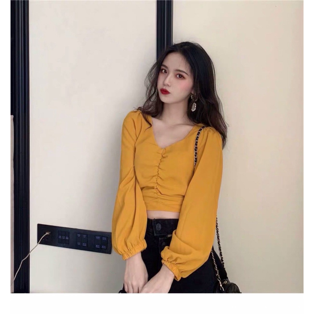 Áo croptop tay dài cổ tim quyến rũ cá tính ÁO CROPTOP NHÚNG GIỮA