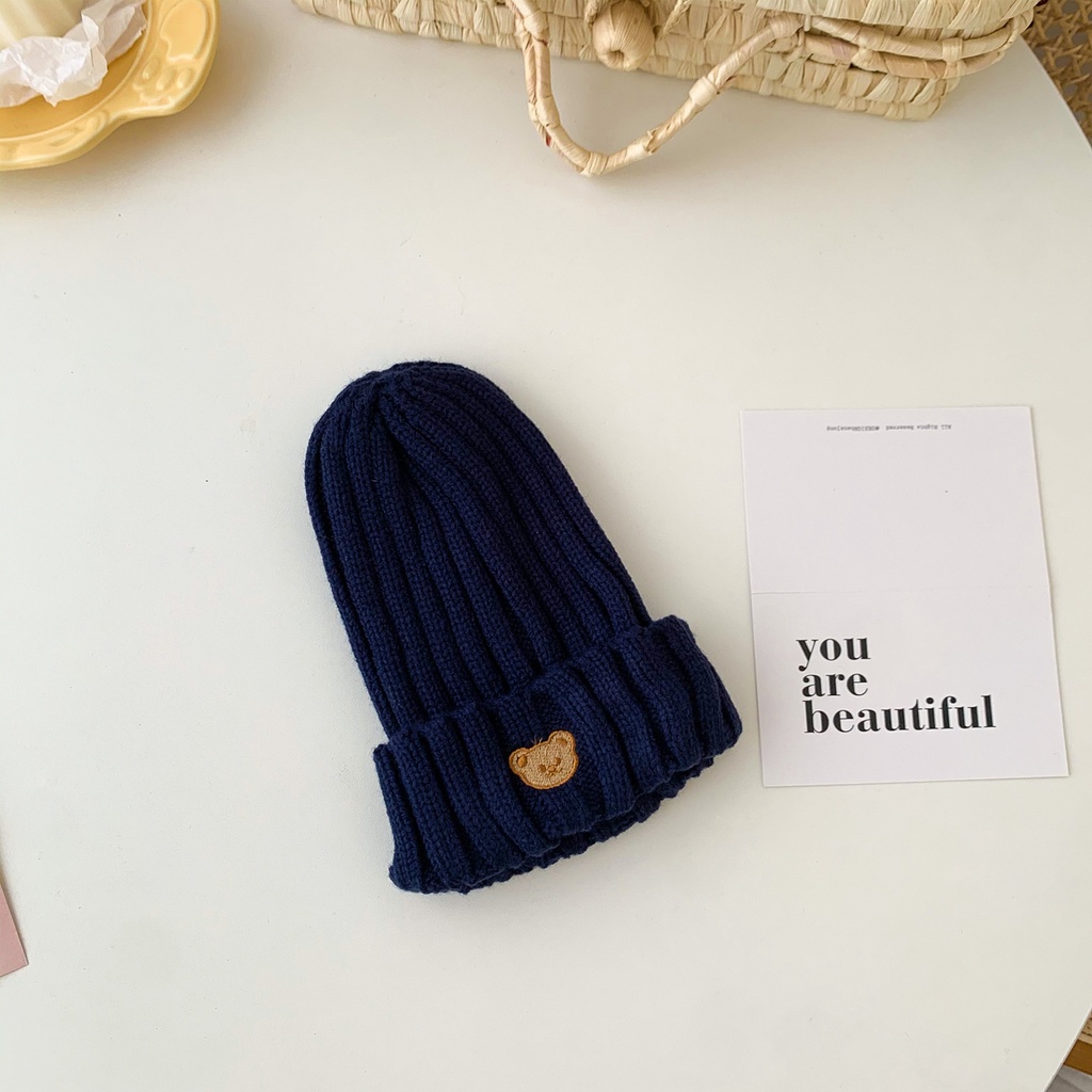 Mũ len giữ ấm thêu hình gấu màu kẹo cho bé 1-5 tuổi