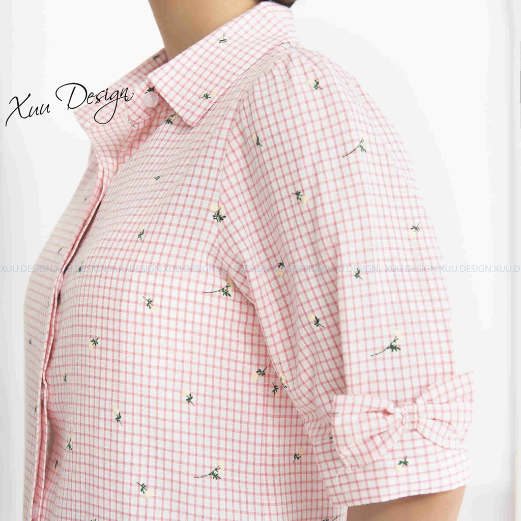 Áo sơ mi nữ công sở cộc tay caro phối nơ - XUU DESIGN BS07 caro hồng
