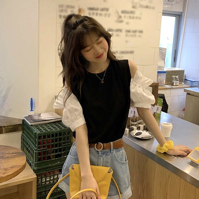 Áo Thun Tay Ngắn Phồng Cổ Tròn Hở Vai Màu Trơn Thanh Lịch Dành Cho Nữ