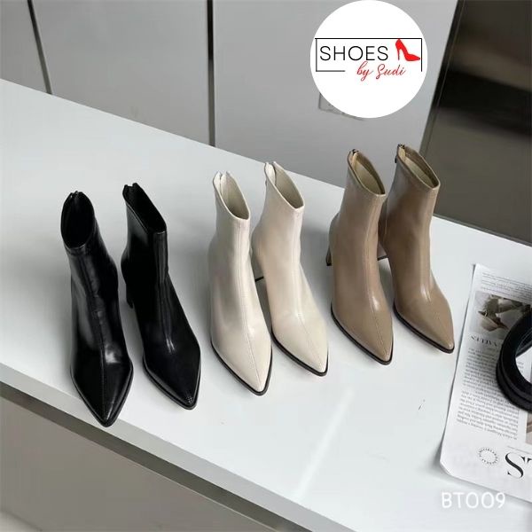 Giày bốt lửng da lì gót dẹt mũi nhọn khóa sau - fullbox - Boot da lì Quảng Châu cao cấp BT009 DCA SUDI Shoes
