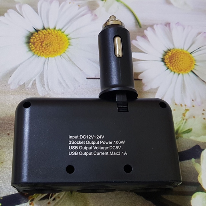 Bộ chia nguồn trên ô tô, 3 cổng cắm, 2 cổng USB, hàng chính hãng