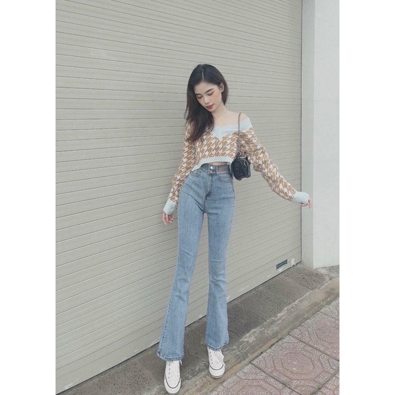 Quần jeans ống loe xanh 2 khuy mác da hack dáng chân siêu dài