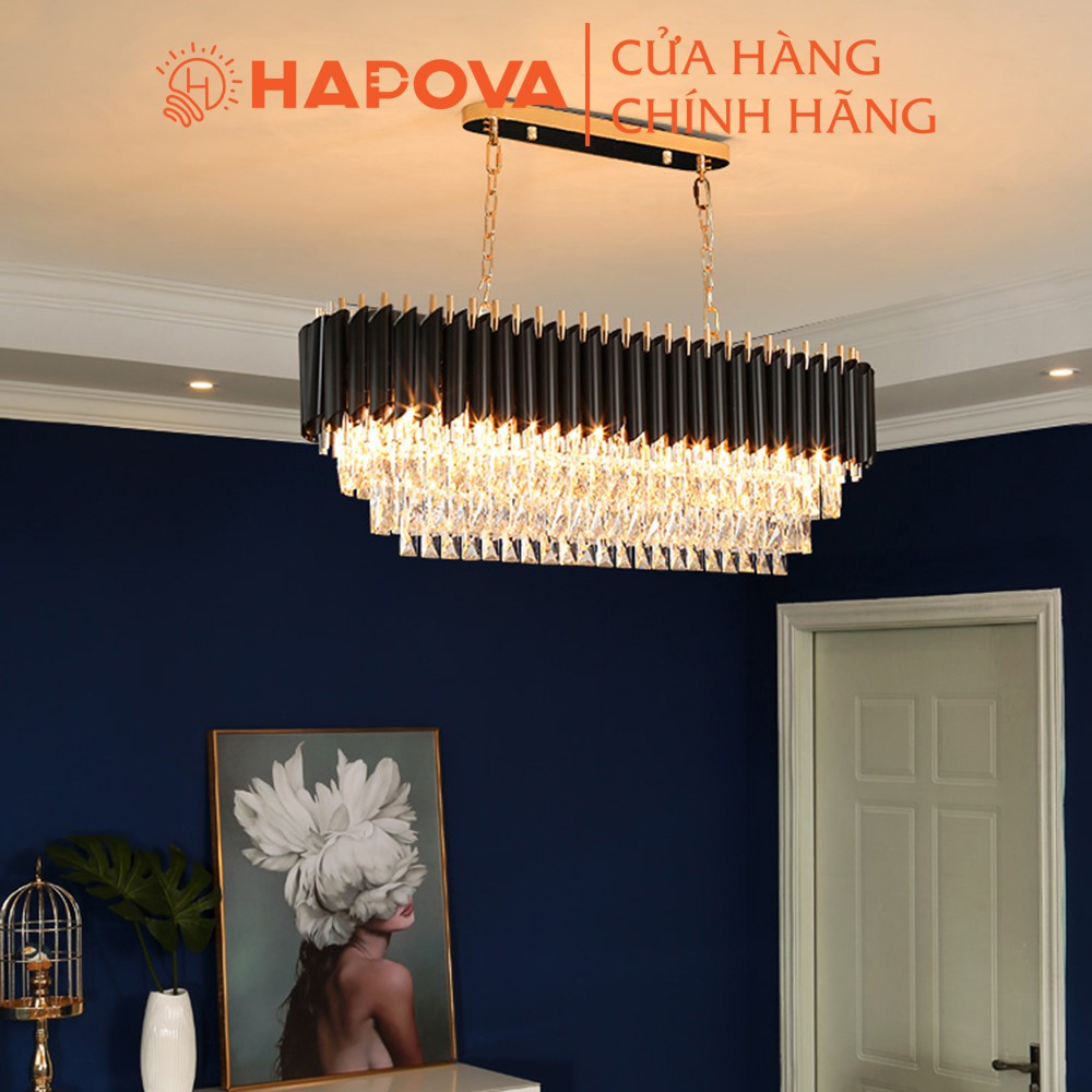 Đèn chùm pha lê cao cấp, đèn treo trần HAPOVA VISDA 3512 Đen dài Cỡ D800x300x300  Kèm bóng 3 Chế độ E14
