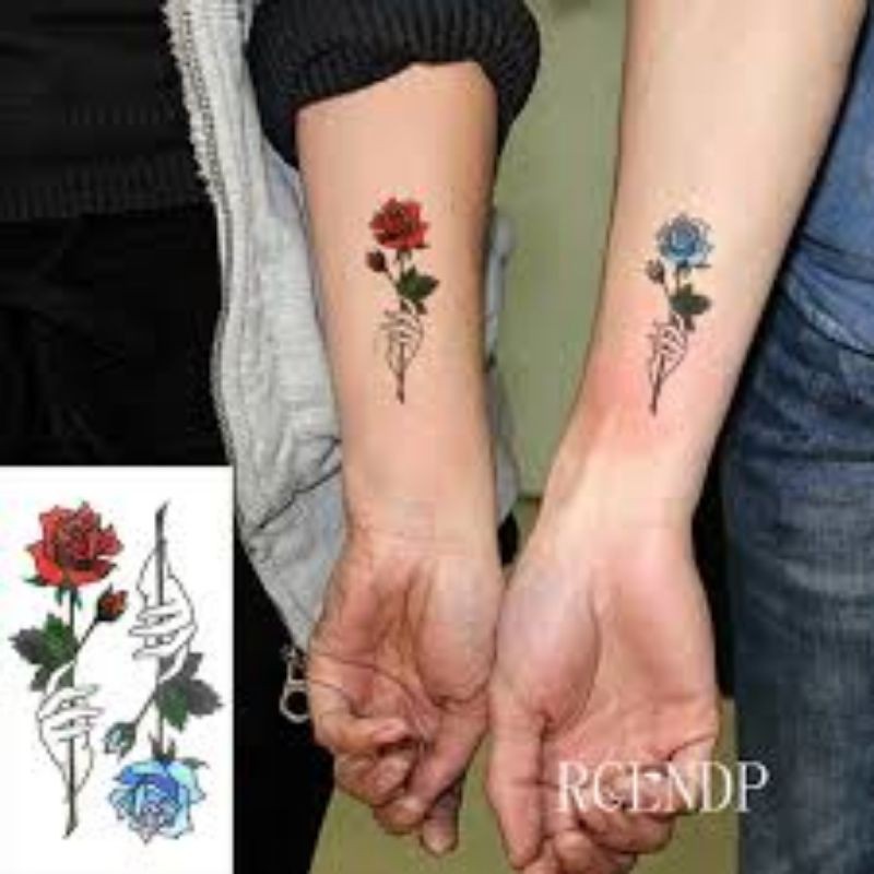Hình xăm hoa hồng đỏ, hoa hồng xanh blue rose, t144. Xăm dán tatoo mini tạm thời, size &lt;10x6cm