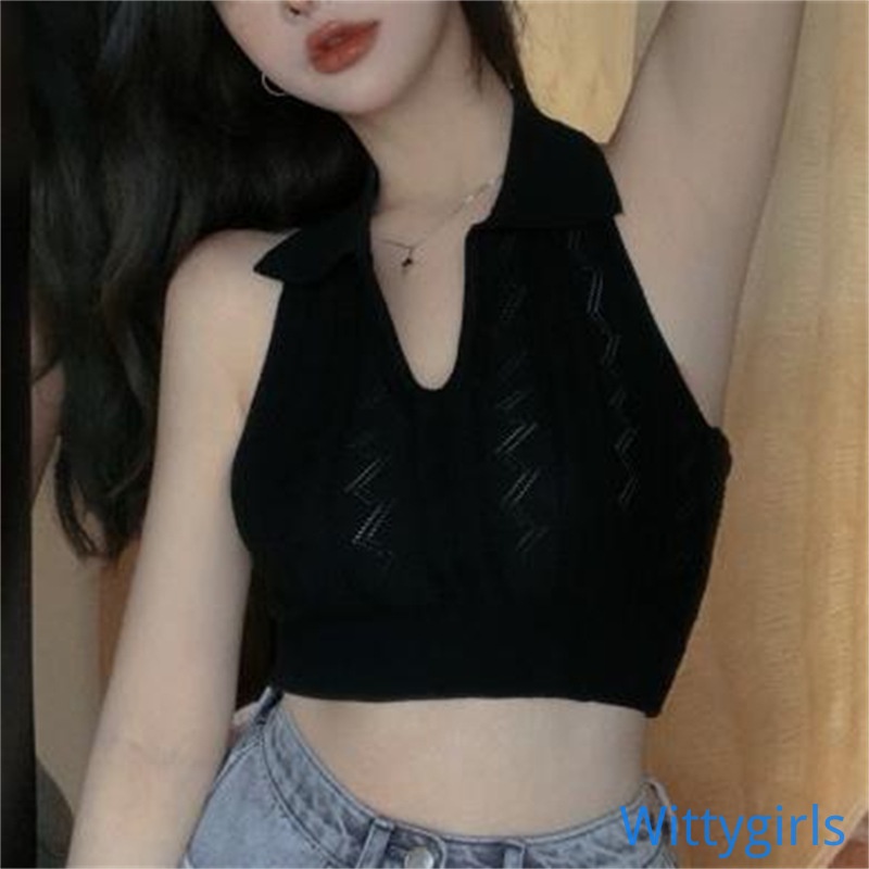 Áo Dệt Kim Sát Nách Cổ Chữ V Màu Trơn Thời Trang Quyến Rũ Cho Nữ