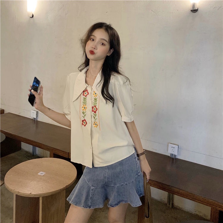 Áo Sơ Mi Tay Ngắn Dáng Rộng Thêu Hoa Thời Trang Mùa Hè Mới Cho Nữ