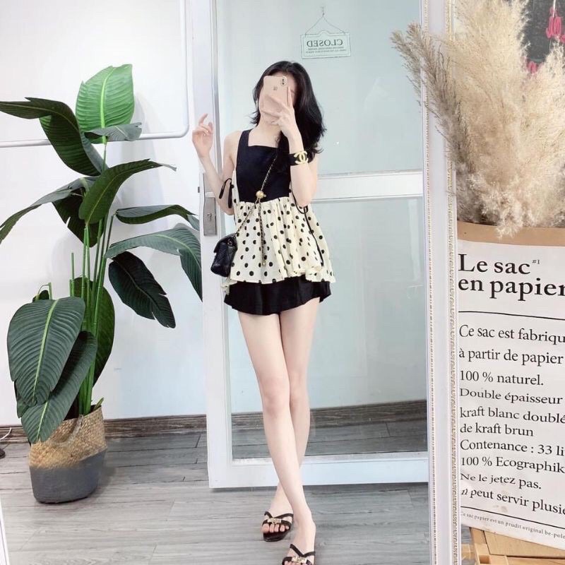 S572 Set đồ mặc nhà họa tiết châm bi 2 tone màu nâu và đen nhẹ nhàng, thiết kế dây và quần sooc