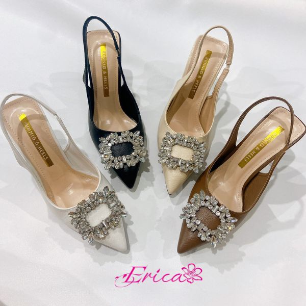 Giày cao gót 8P bít mũi nhọn đính đá bản to có quai sau SD034 với nhiều màu để lựa chọn ERICA SHOES-BDF