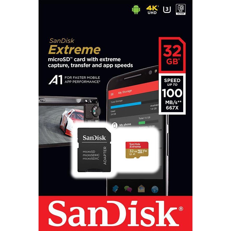 Thẻ Nhớ MicroSDHC Sandisk Extreme 667X A1 V30 32GB UHS-I U3 100MB/S - Kèm Adapter (Vàng) - Nhất Tín Computer