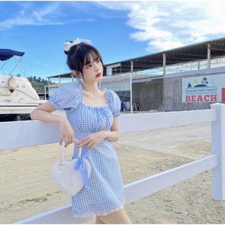 Đầm caro xanh phối nơ [ kéo xuống để xem ảnh thật shop chụp ]