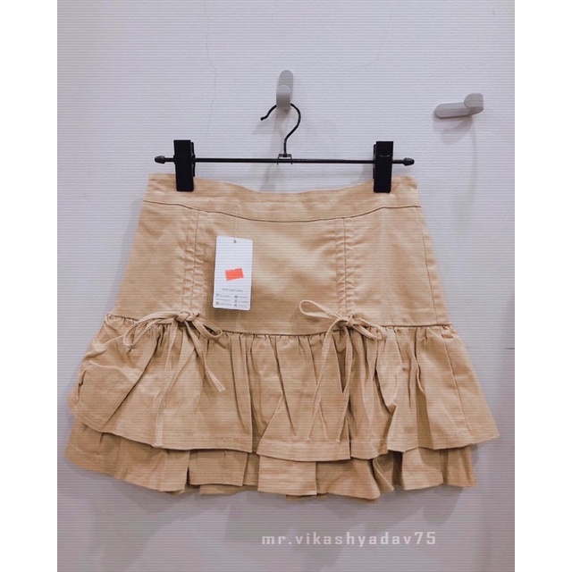 Chân váy kaki / jeans xếp li tầng buộc nơ Quảng châu (Ảnh thật)