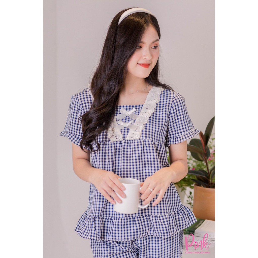 Đồ Bộ Pijama Nữ Họa Tiết Caro Xanh Tay Ngắn Quần Lửng Vải Kate Thoải Mái Thấm Hút Mồ Hôi Phong Cách Trẻ Trung Nữ Tính