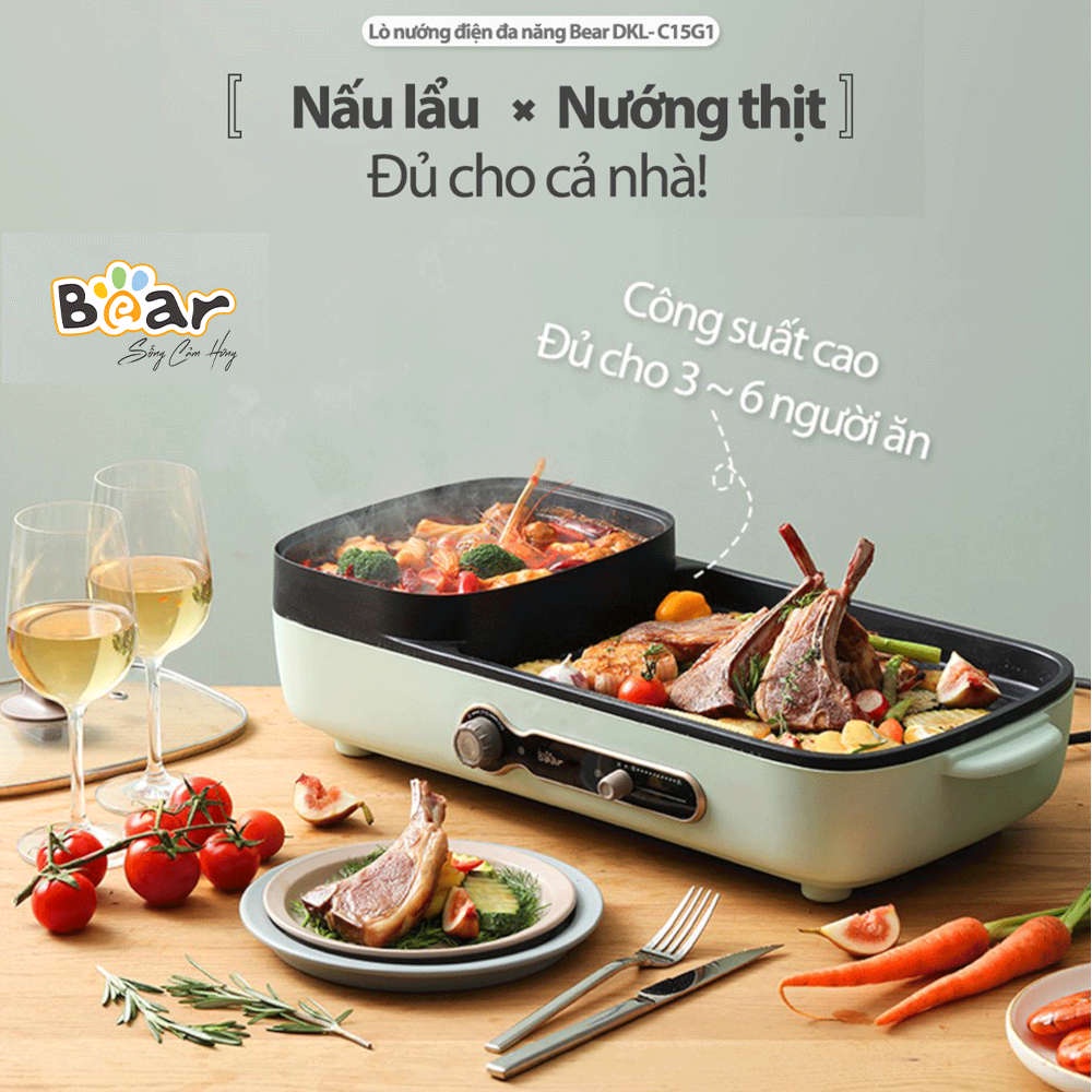 Bếp lẩu nướng 2 ngăn đa năng Bear DKL-C15G1 bảo hành 18 tháng