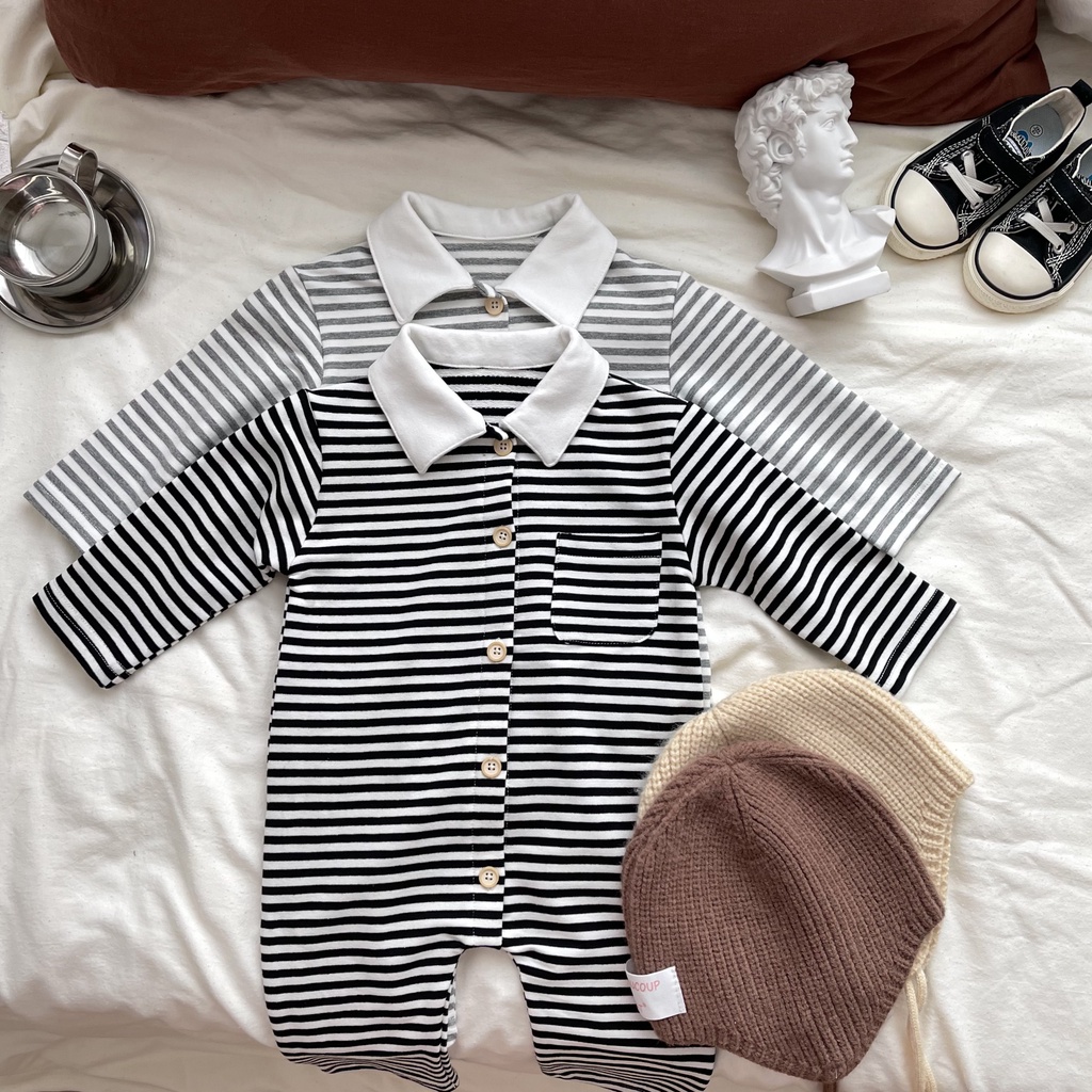 Bộ Áo Liền Quần Dài Tay Chất Liệu Cotton In Họa Tiết Kẻ Sọc Thời Trang Mùa Đông Cho Bé Sơ Sinh