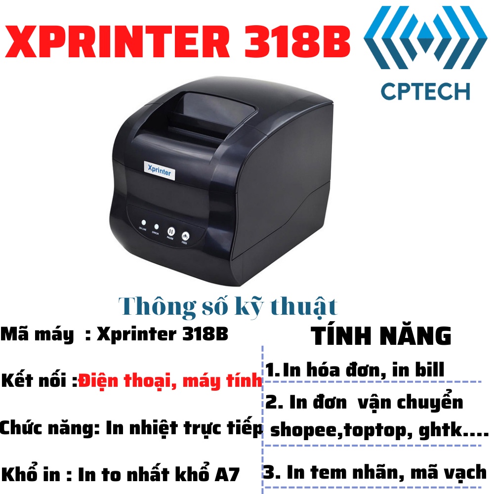 Máy in mã vạch Xprinter, In tem trà sữa, in bill Xprinter XP- 318B( 365B) (In điện thoại + Máy Tính)