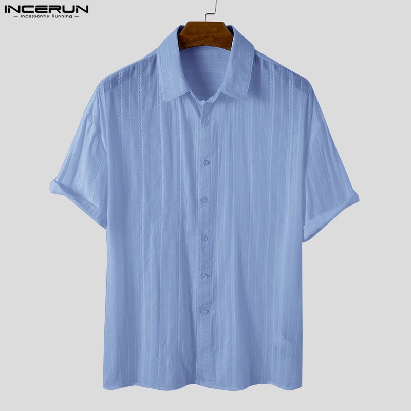 Áo sơ mi Incerun tay ngắn màu trơn cổ bẻ thanh lịch hợp thời trang cho nam