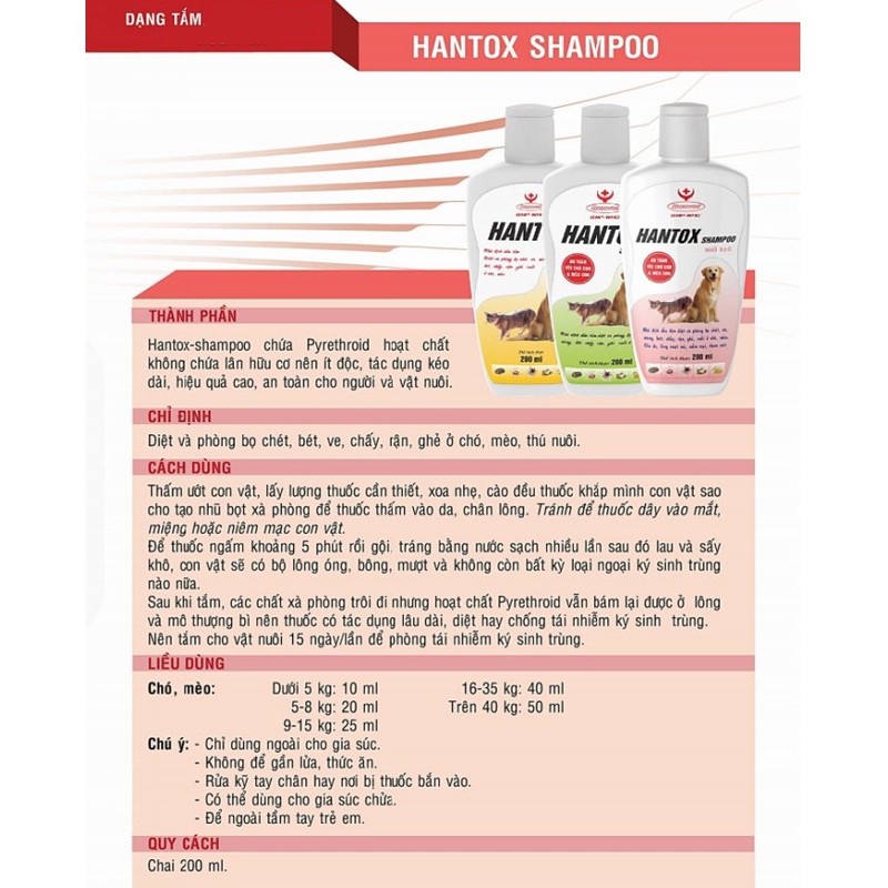 Sữa tắm trị ve, rận, bọ chét, ghẻ trên Chó Mèo Pet Thú Cưng HANTOX SHAMPOO Nhũ bạc Chai 200ml Sx tại Hanvet VN