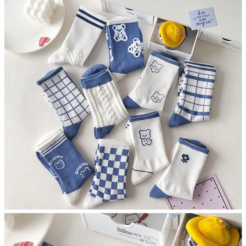 Tất cổ cao Vivuno vớ nữ gấu caro xanh trắng vintage hàn quốc cực đẹp TN132