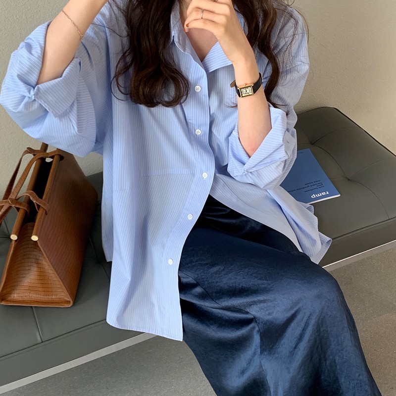 Xiaozhainv Áo sơ mi tay dài dáng rộng kẻ sọc dành cho nữ