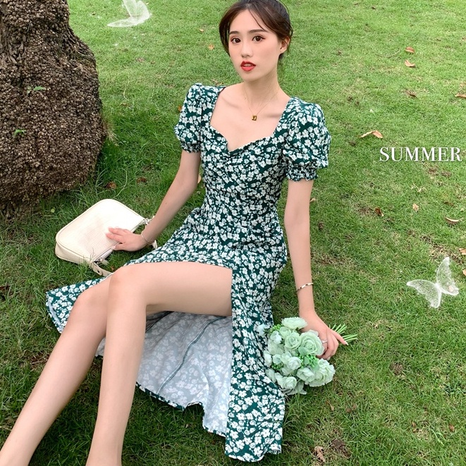 Đầm Voan Dài Xẻ Tà In Họa Tiết Hoa Màu Xanh Lá Phong Cách Pháp Thời Trang Mùa Hè Hàng Mới Dành Cho Bạn Nữ