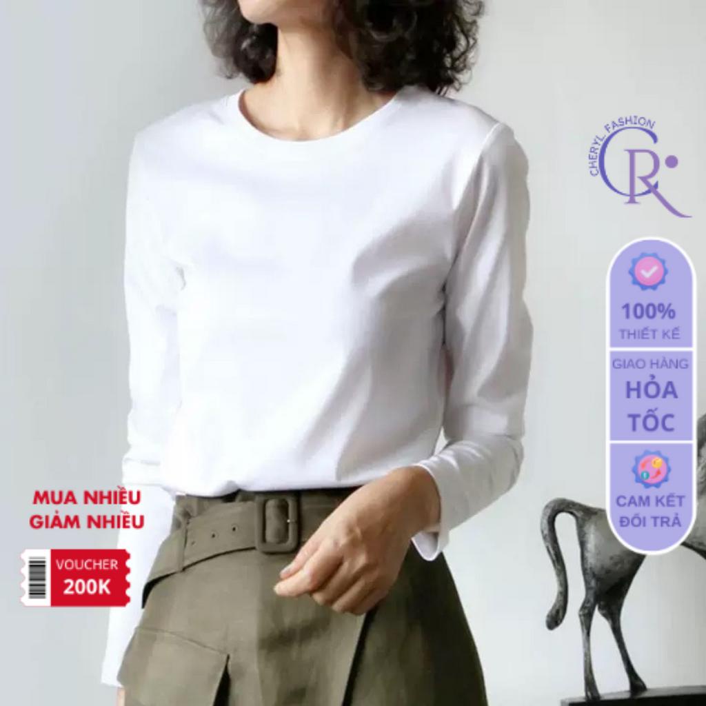 Áo Thun Nữ Tay Dài Cổ Tròn Form Ôm Chất Cotton Bozip, Áo Phông Nữ Dáng Trơn Basic Màu Trắng Đen Hàn Quốc Xinh Chr235.