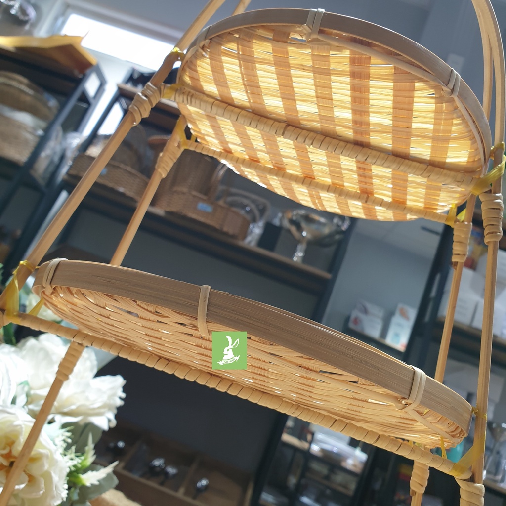 Kệ Bánh 3 Tầng Dĩa Tròn Bằng Mây Tre Lớn