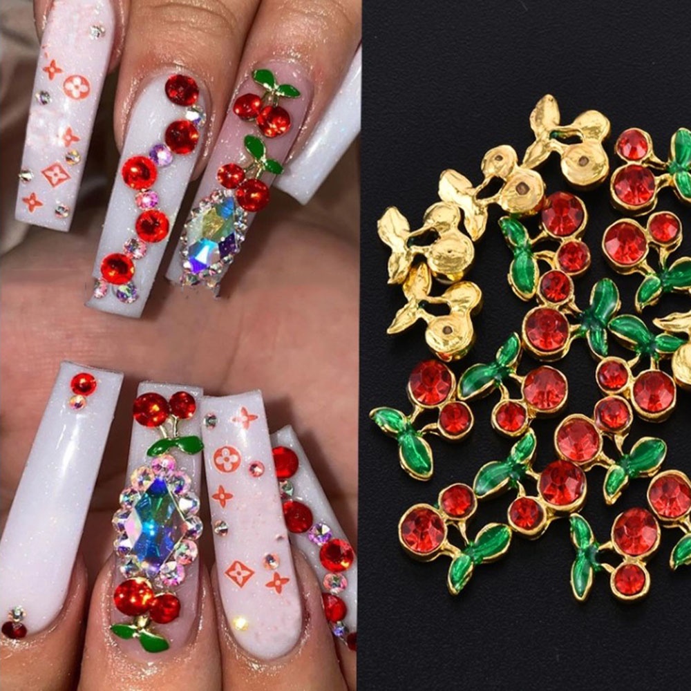 [Hàng mới về] Set 10 miếng dán trang trí móng tay hình quả cherry 3d bằng hợp kim nhiều màu sang trọng sành điệu