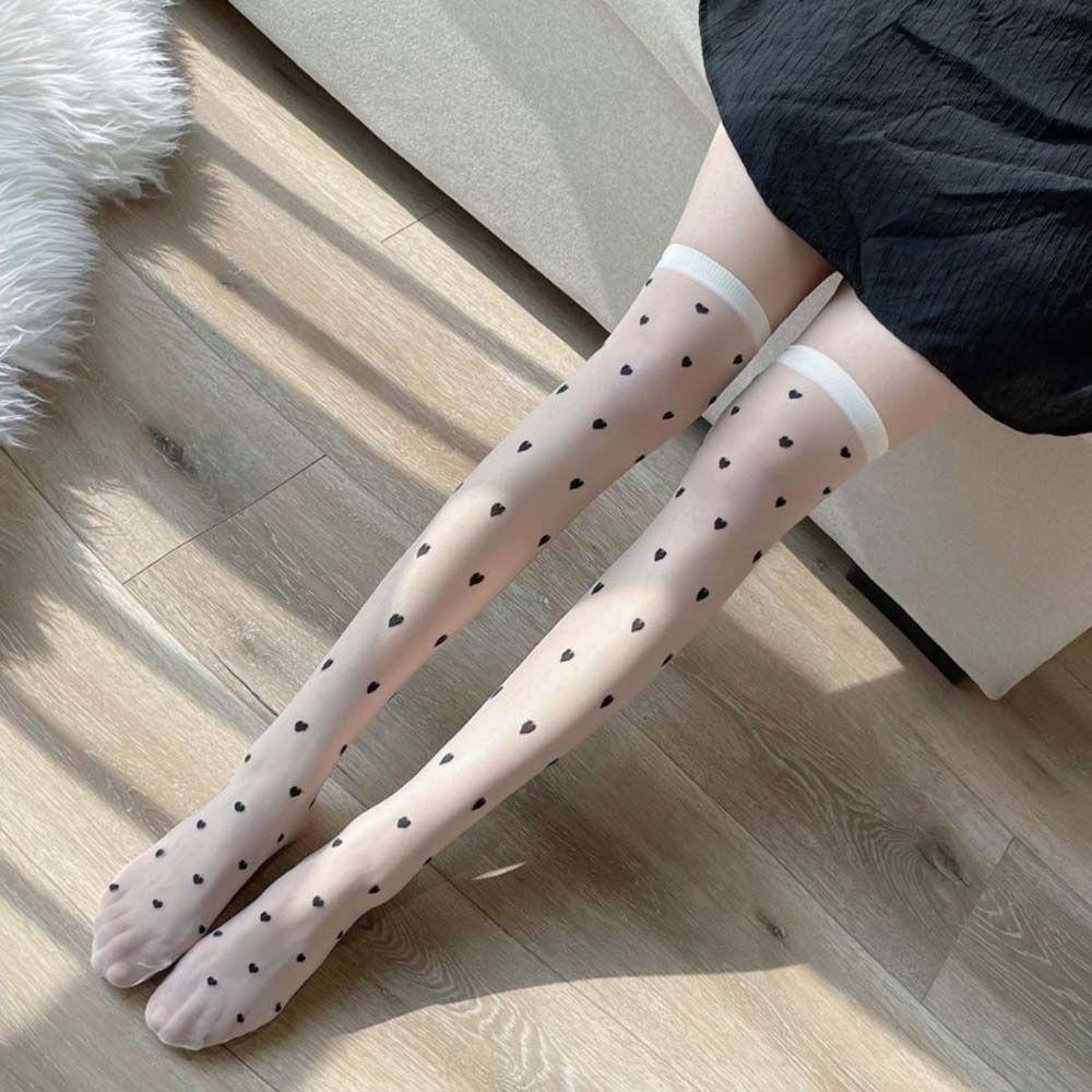 Đôi Tất Chân Dài Qua Gối Màu Đen In Hình Trái Tim Phong Cách Nhật Bản