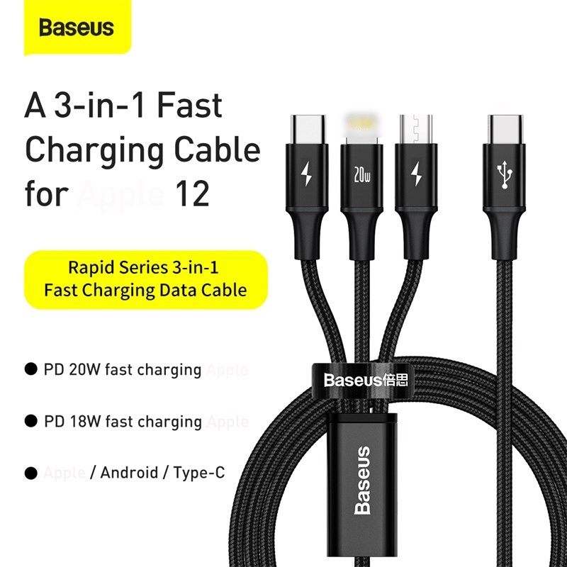Cáp sạc nhanh 3 đầu Baseus Rapid Series Type-C sang C+L+U PD 20W dài 1.5m|Cáp sạc bọc dù| bảo hành 18 tháng