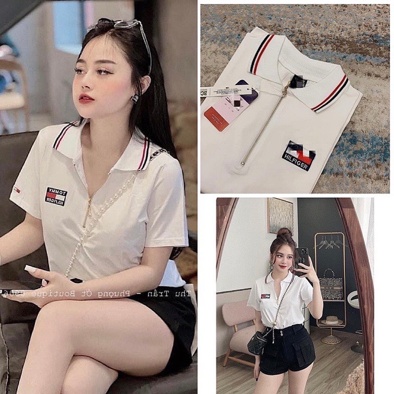 Áo polo tommy cộc tay trắng suông basic - Thun suông cổ bẻ phối khóa zip dáng rộng, họa tiết logo hot trend Ulzzang