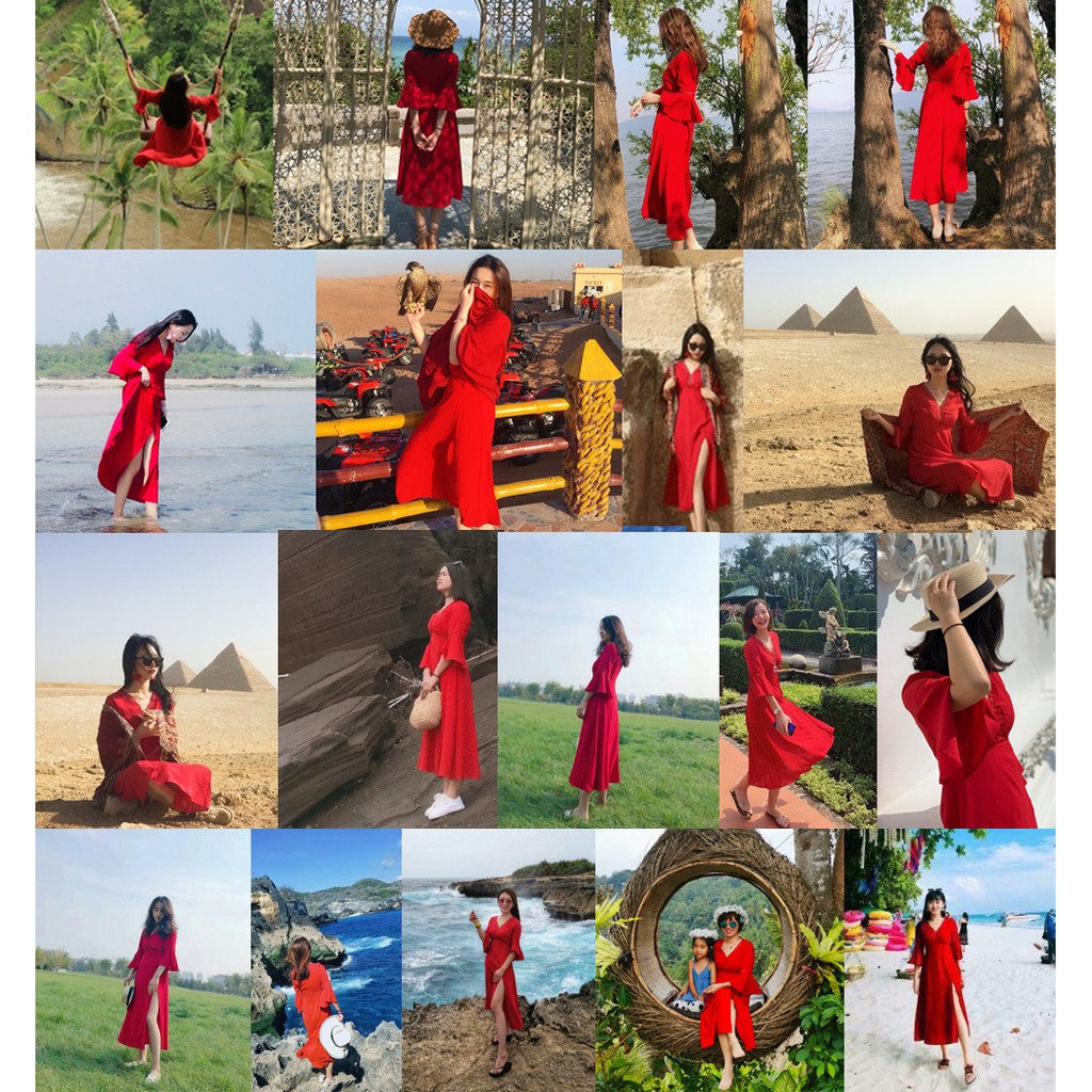 Váy voan dáng suông dài màu đỏ xẻ tà đùi - MS059 (Có ảnh thật)