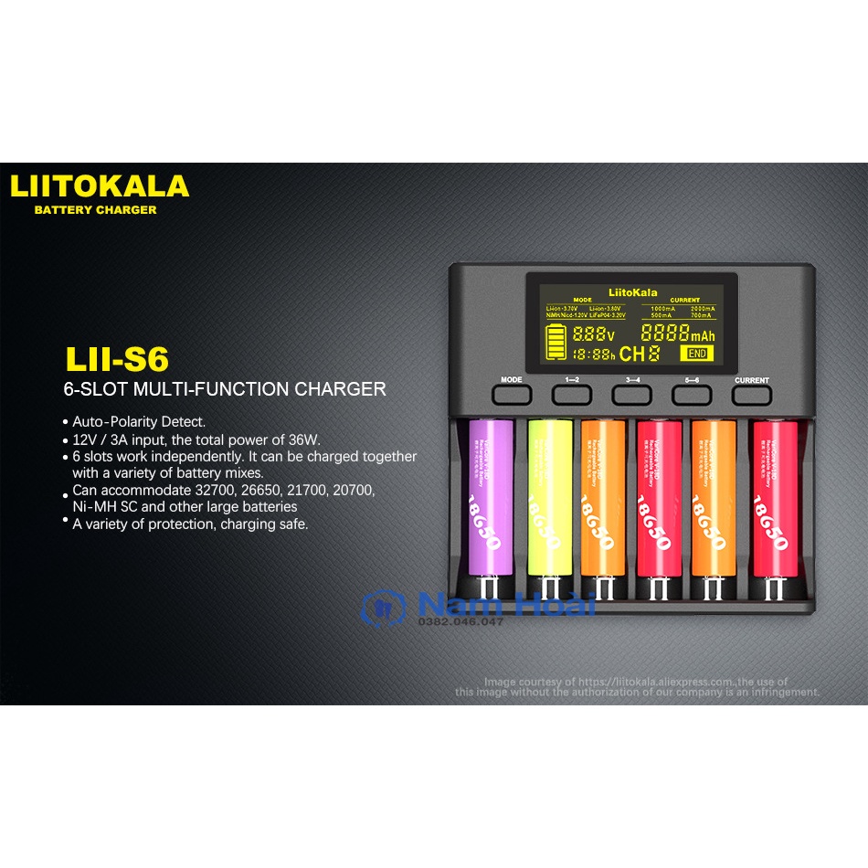 Bộ sạc pin LiitoKala lii-S6 18650 tự động 6 ngăn cho 18650 26650 21700 14500,10440 AA, AAA...