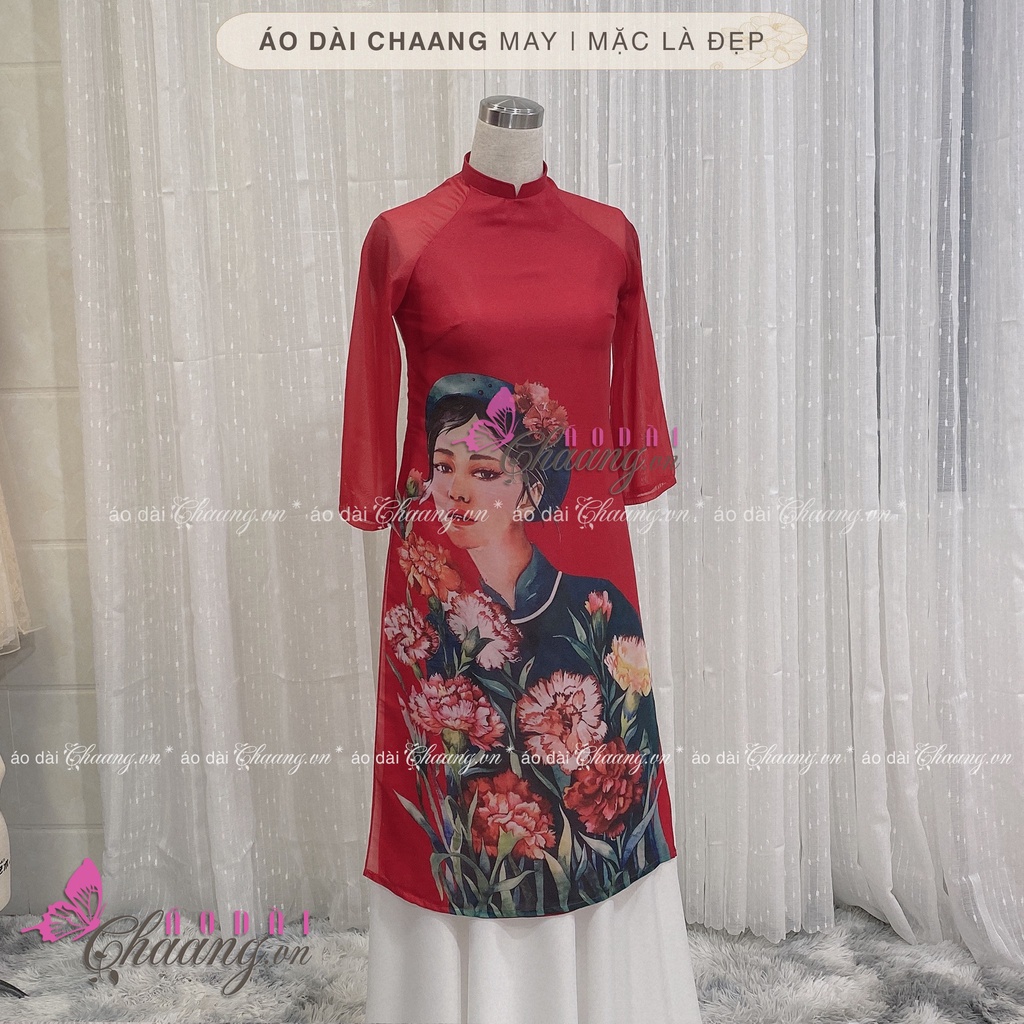 Áo Dài Tết Cách Cách Nữ Hình Cô Gái Thiết Kế 4 Tà Lụa Tơ Óng Đỏ Đẹp