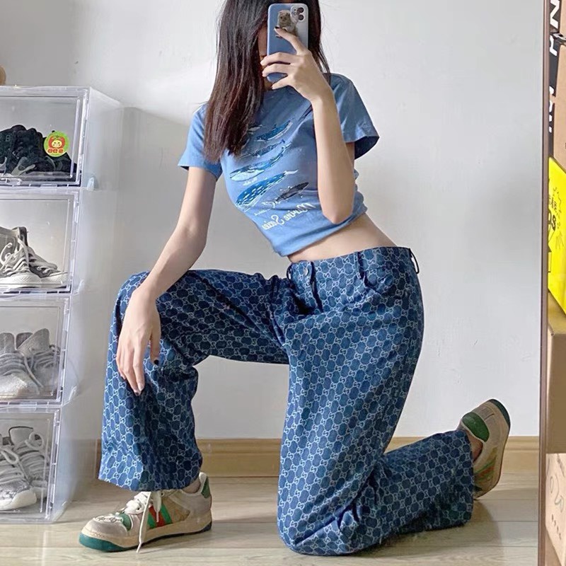 Quần LV-GCC - Quần Jean Nữ Cạp Cao Ống Suông Rộng In Họa Tiết Hotrend 2022