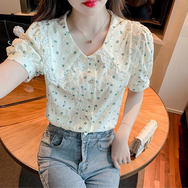 Áo Kiểu Tay Ngắn Họa Tiết Hoa Phong Cách Pháp Ngọt Ngào