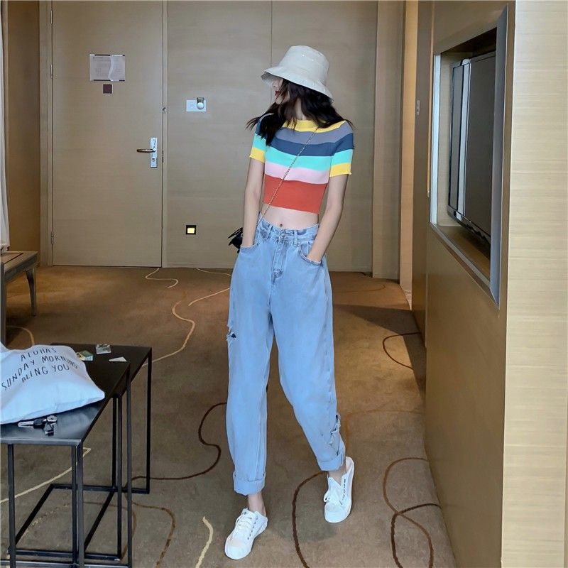 [ORDER] Set áo croptop ôm tay ngắn rainbow + quần jeans nữ dài baggy ống rộng ulzzang ( có bán riêng )