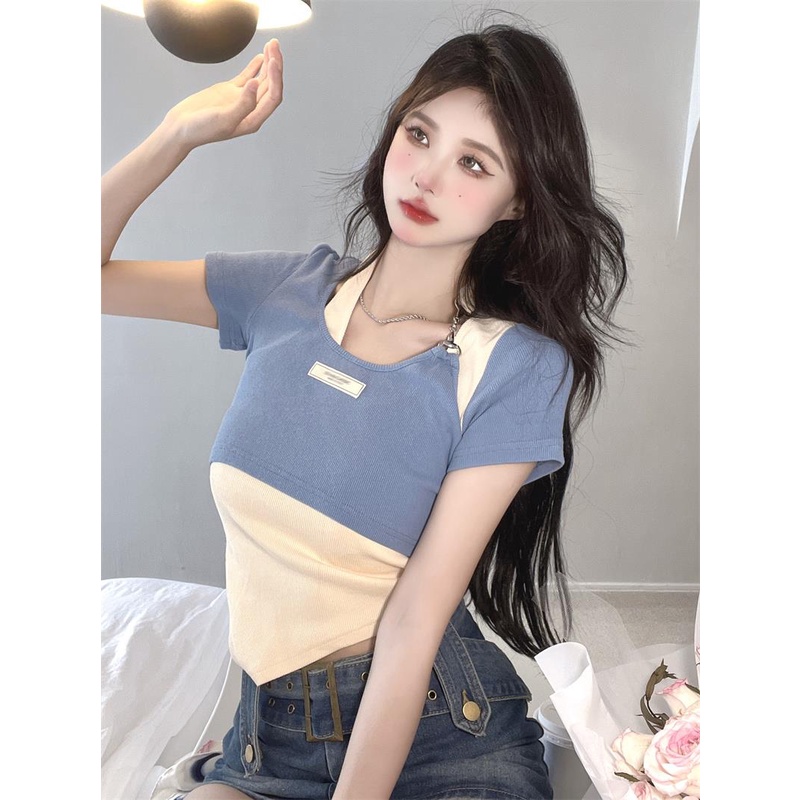 Áo sweater Giả Hai Lớp Dáng Ngắn Phối Khóa Kéo Thời Trang Cho Nữ