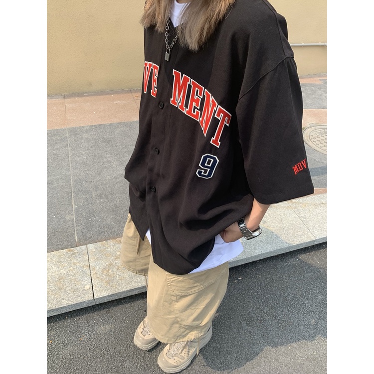 Áo khoác bóng chày ngắn tay form rộng kiểu dáng retro cho nam nữ