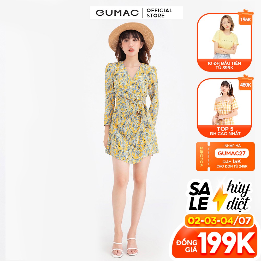 Jumpsuit xếp ly họa tiết hoa lá GUMAC DB625