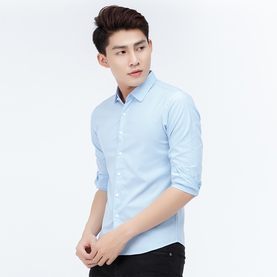Áo sơ mi nam dài tay vải lụa trơn màu xanh da trời | BigBuy360 - bigbuy360.vn
