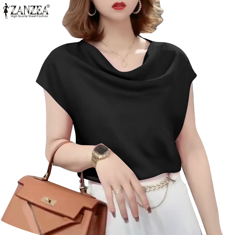 Áo kiểu ZANZEA vải satin tay ngắn màu trơn thời trang dành cho nữ