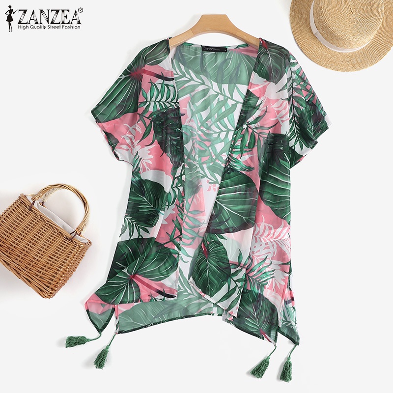 Áo khoác cardigan Zanzea tay cánh dơi cổ chữ V họa tiết hoa lá nhiệt đới hợp thời trang cho nữ