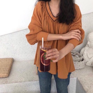 Áo baby doll cam cổ V