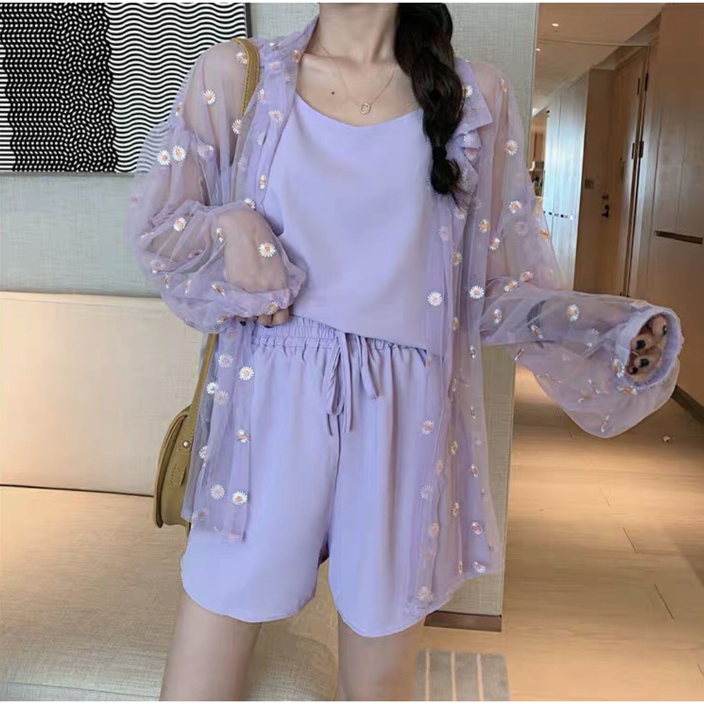 Áo sơ mi lưới khoác ngoài in bông cúc xinh xắn hot hit xinh xinh