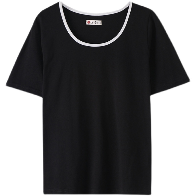 SUXI Áo thun tay ngắn cổ tròn màu đen thời trang mùa hè phong cách Hàn Quốc dành cho nữ