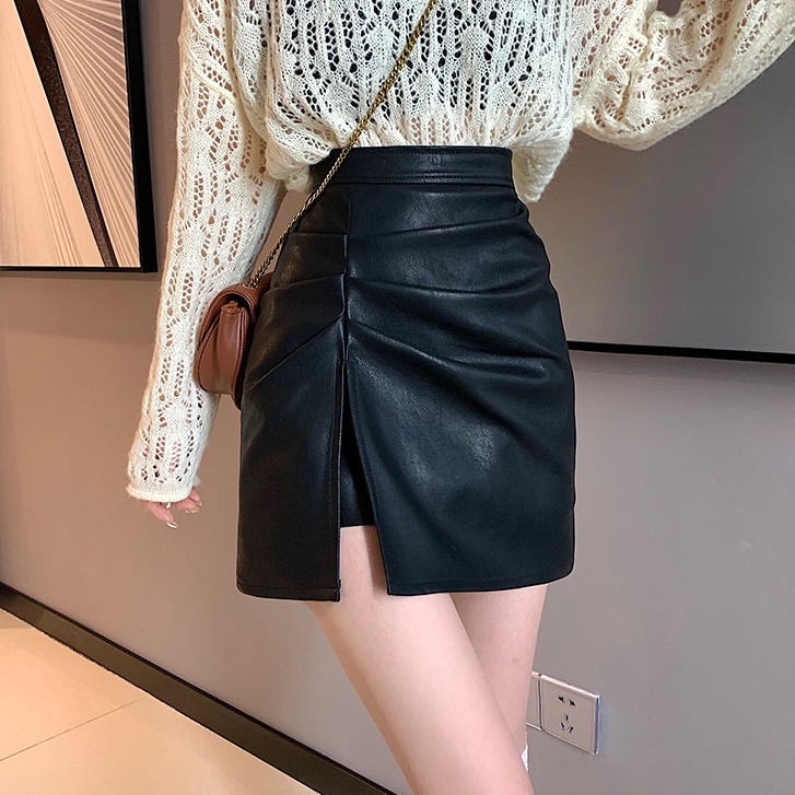 QKOOLE  Chân váy da lưng cao phong cách hàn quốc thời trang cho nữ