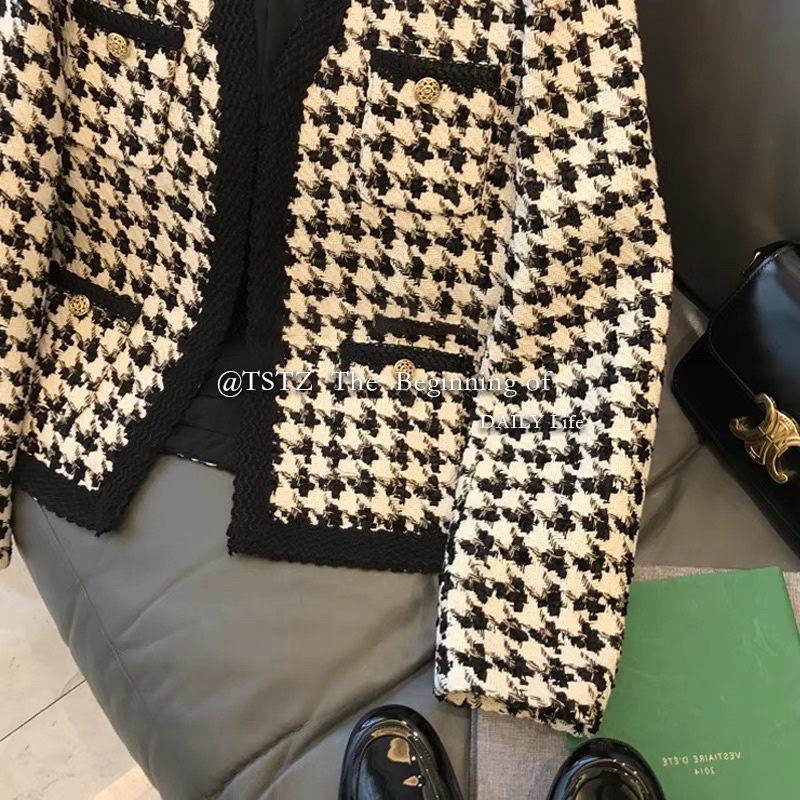 Áo dạ Tweed kẻ caro tiểu thư áo cardigan dạ dày dặn